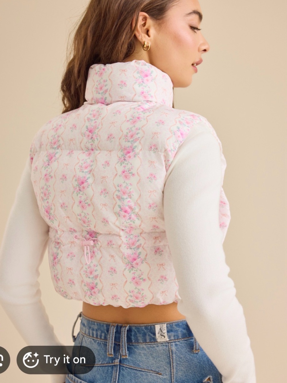 Quilted Floral Cropped Puffer Vest - Pink